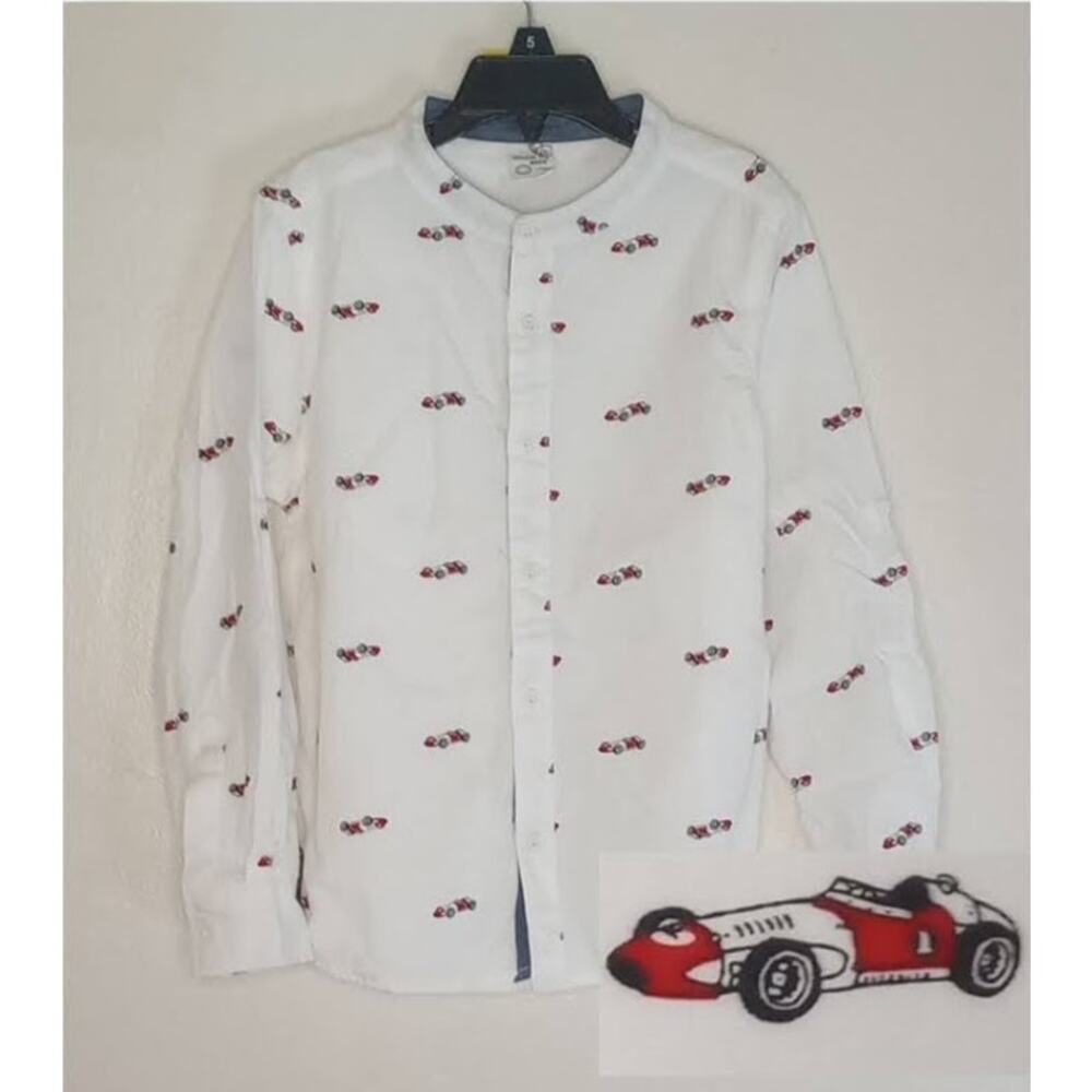 Max Boys white Button Up Band Collar Racecar Shirt boys 7-8